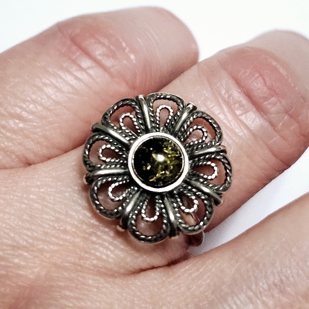 Amber Sterling Silver Flower Ring sz 6
